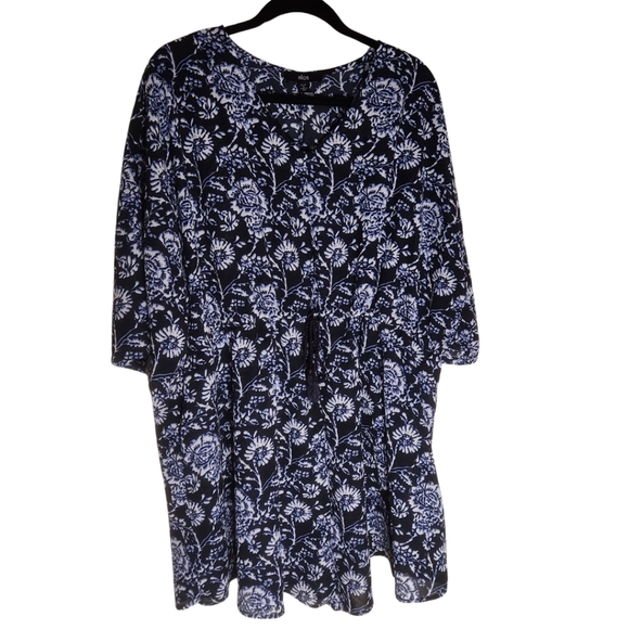 Blue Floral Swim Cover-up Ellos Sz 1X Beach Flowy Tie Waist Vacation Resort wear - Picture 1 of 7